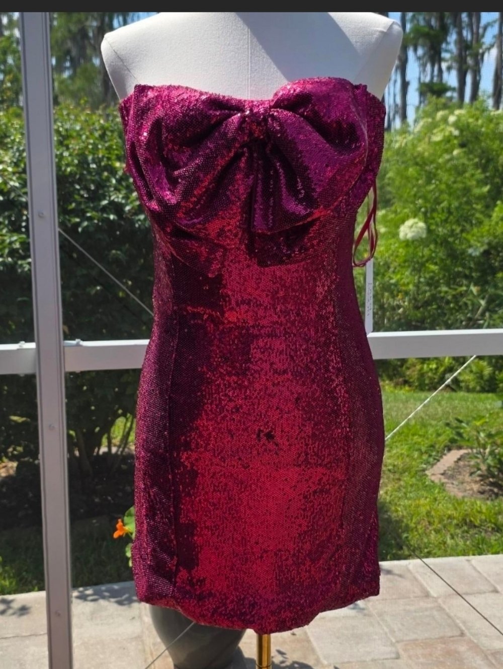 Ronny Kobo Fuchsia Pink Sequin Bow Strapless Mini Dress NWT